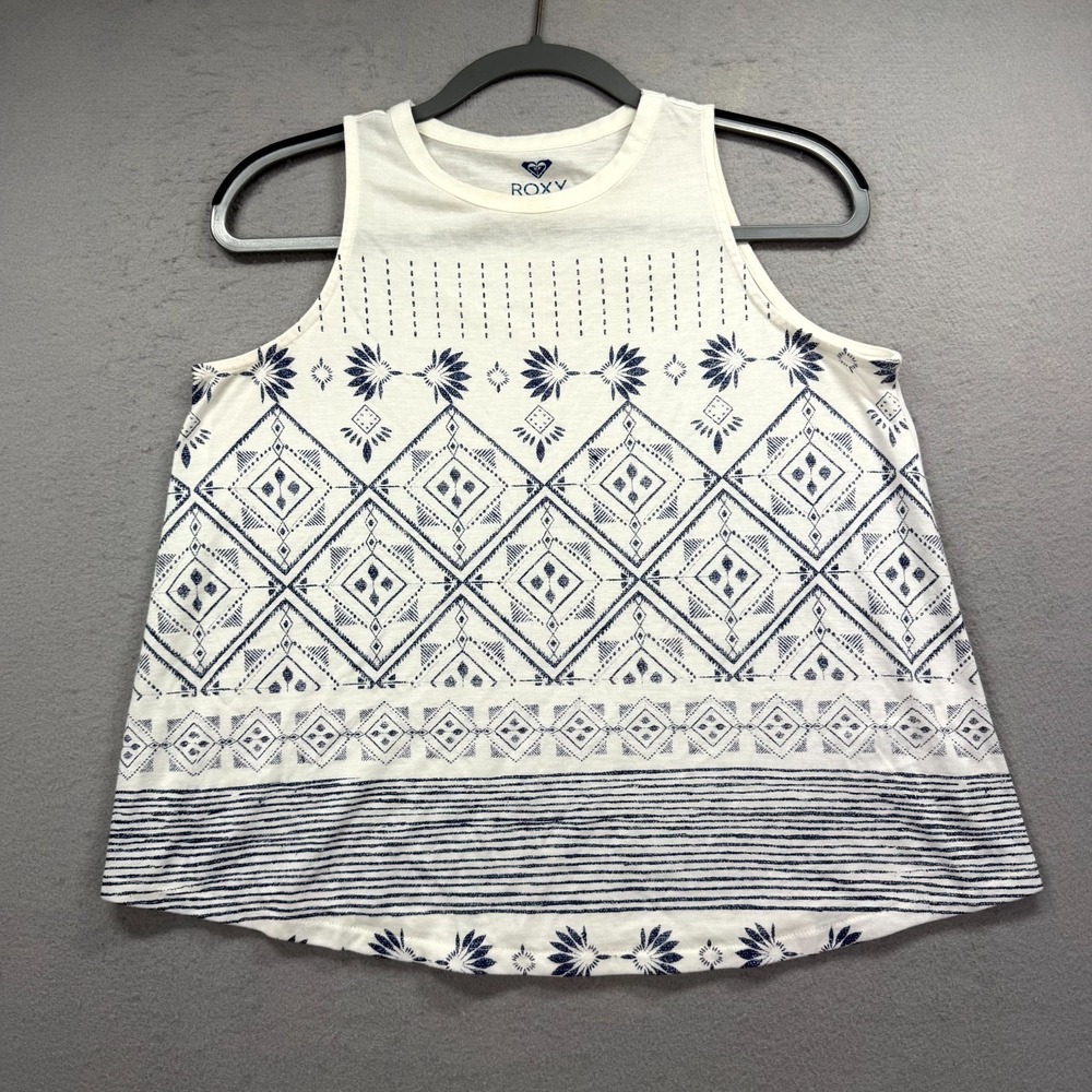 Roxy Mirror Ocean Tank Top Women's S White Blue Geometric Wide Strap Y2K Coastal